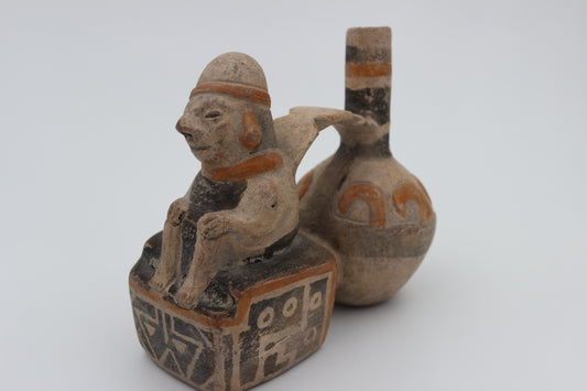 Peruvian Double-Chambered Vase with Seated Male Figure