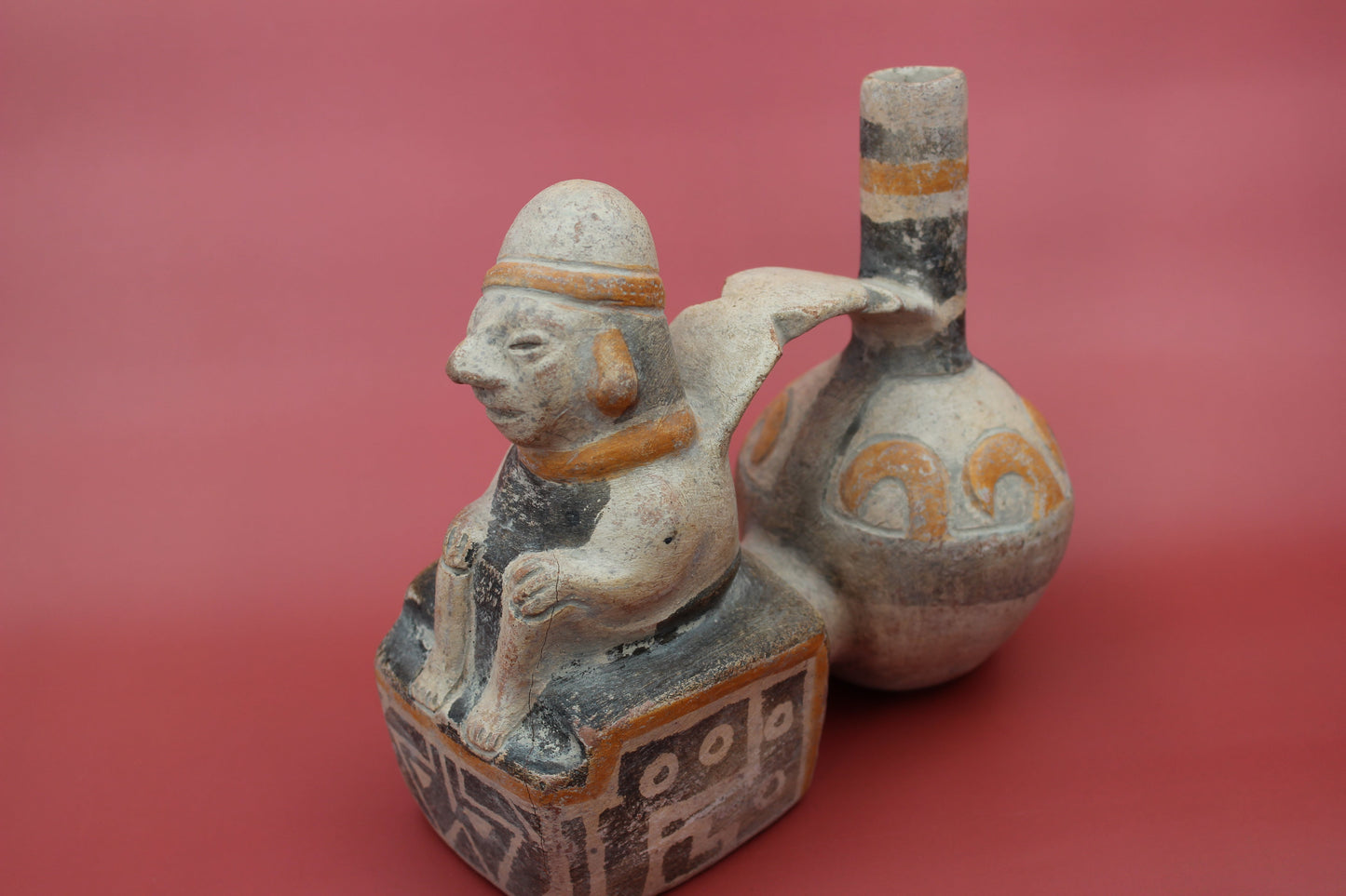 Peruvian Double-Chambered Vase with Seated Male Figure