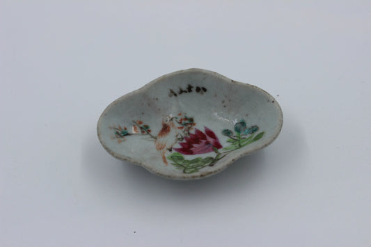 Miniature Elongated Chinese Porcelain Bowl with Bird & Flowers